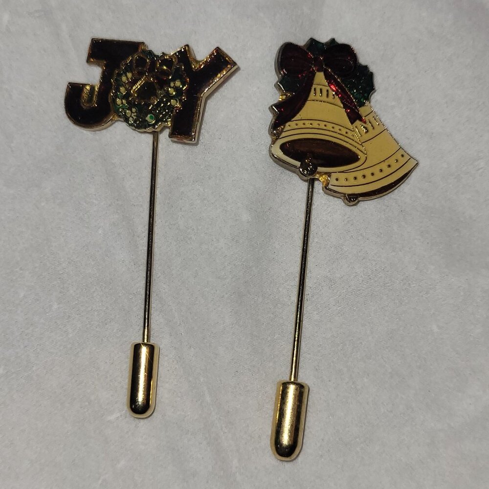 Vintage Lot of 2 Christmas Joy Wreath Bells Stick Pin Brooch